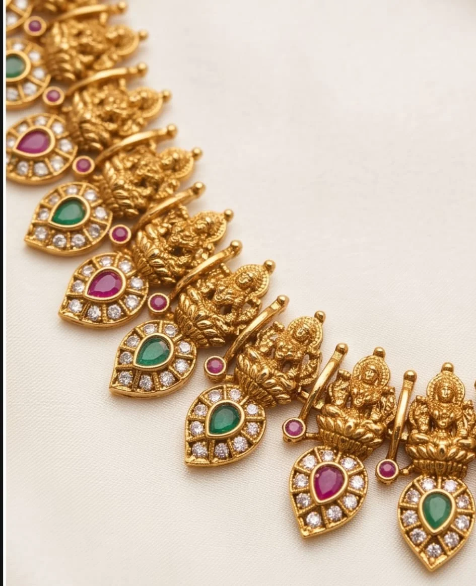 South Indian Traditional Antique Gold-Plated Temple Jewellery Set Featuring Graceful Goddess Lakshmi Motifs, alternate view