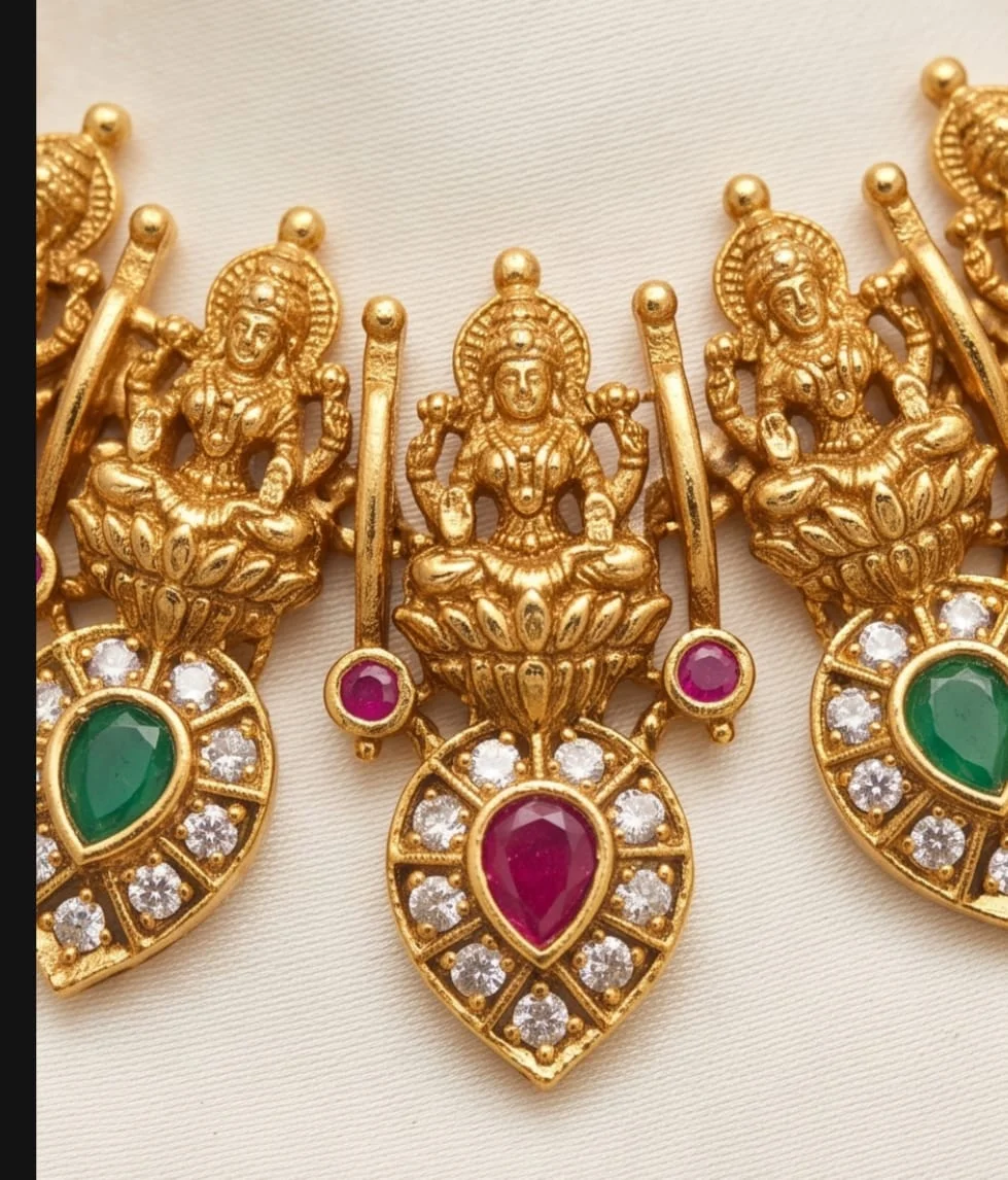 South Indian Traditional Antique Gold-Plated Temple Jewellery Set Featuring Graceful Goddess Lakshmi Motifs, view 3