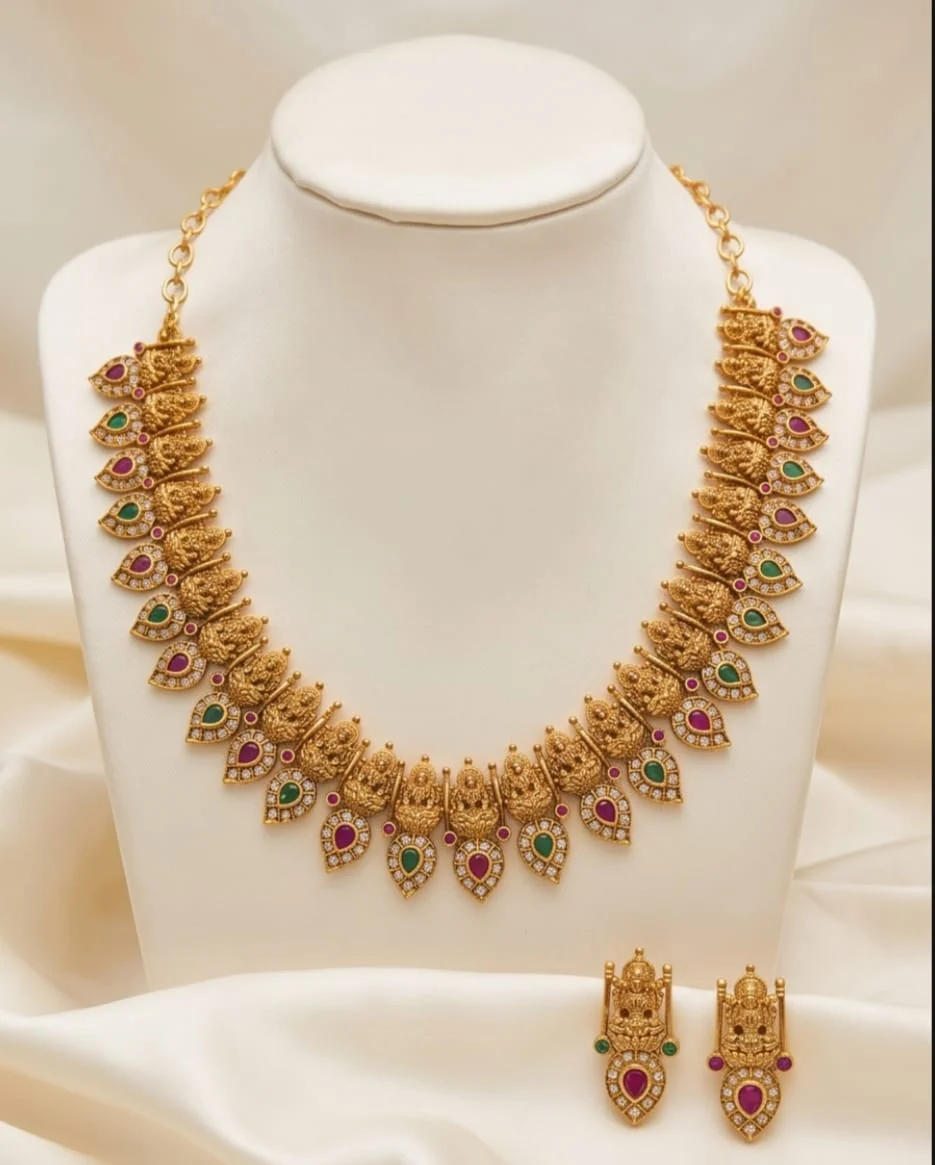 South Indian Traditional Antique Gold-Plated Temple Jewellery Set Featuring Graceful Goddess Lakshmi Motifs,