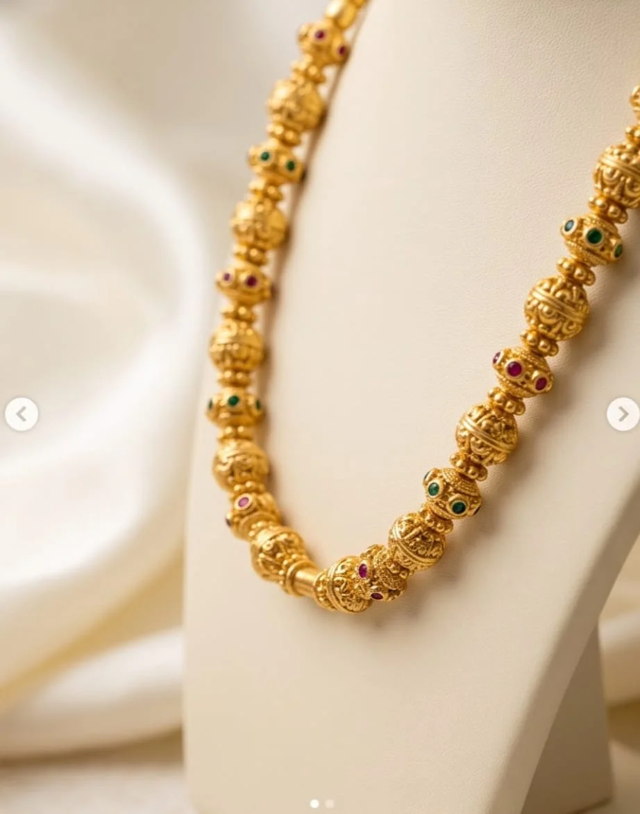 Gold-Plated Ball Bead Necklace Featuring Intricately Detailed Spherical Beads, alternate view