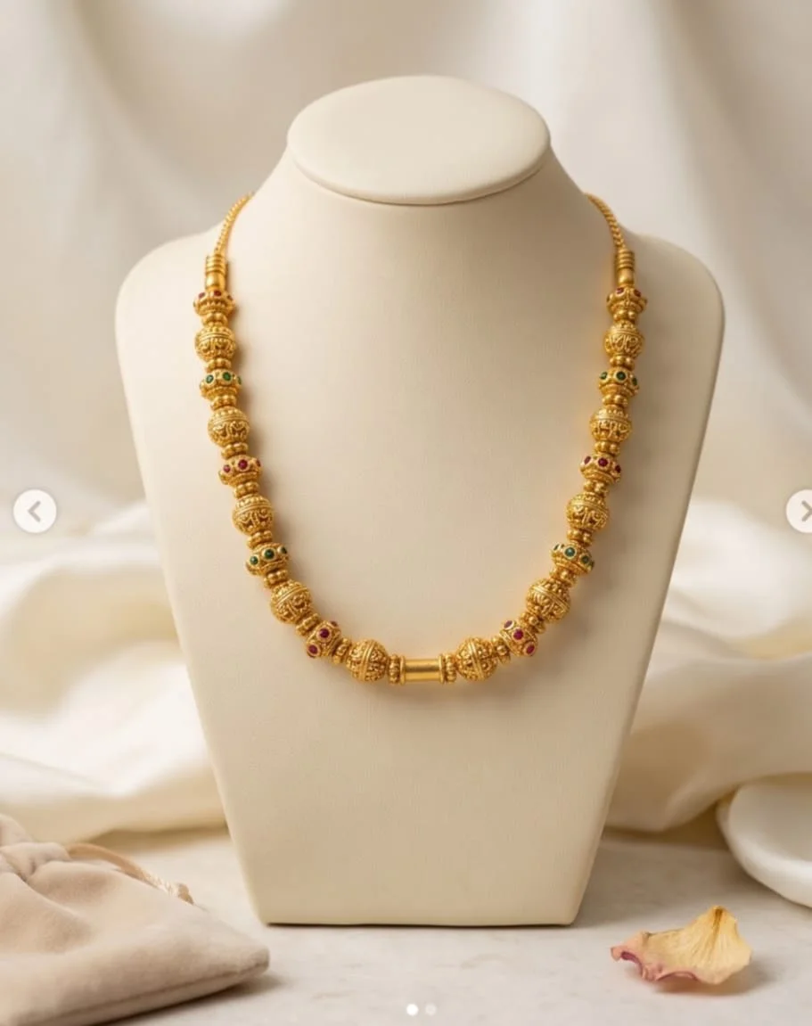 Gold-Plated Ball Bead Necklace Featuring Intricately Detailed Spherical Beads,