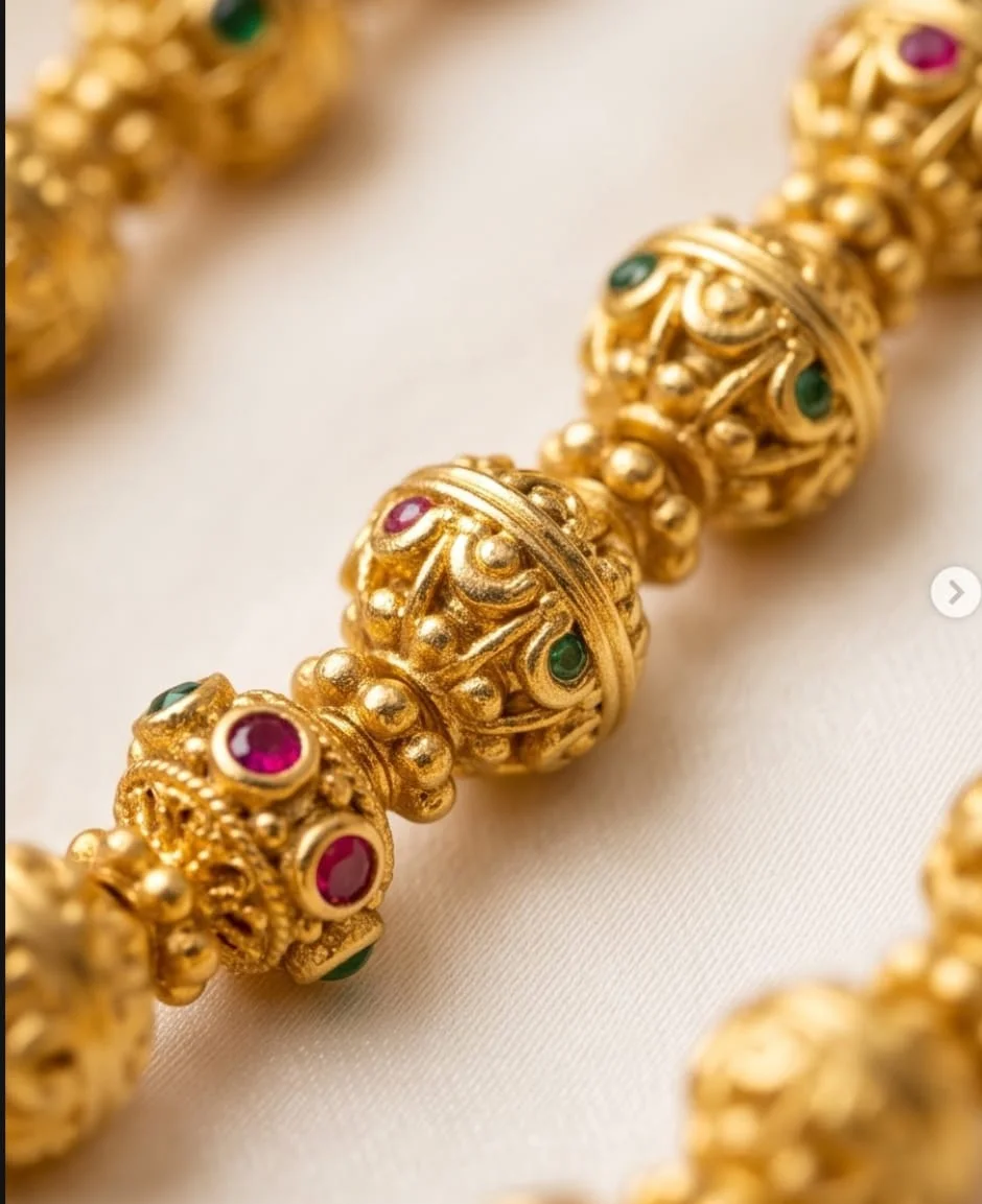 Gold-Plated Ball Bead Necklace Featuring Intricately Detailed Spherical Beads, view 3