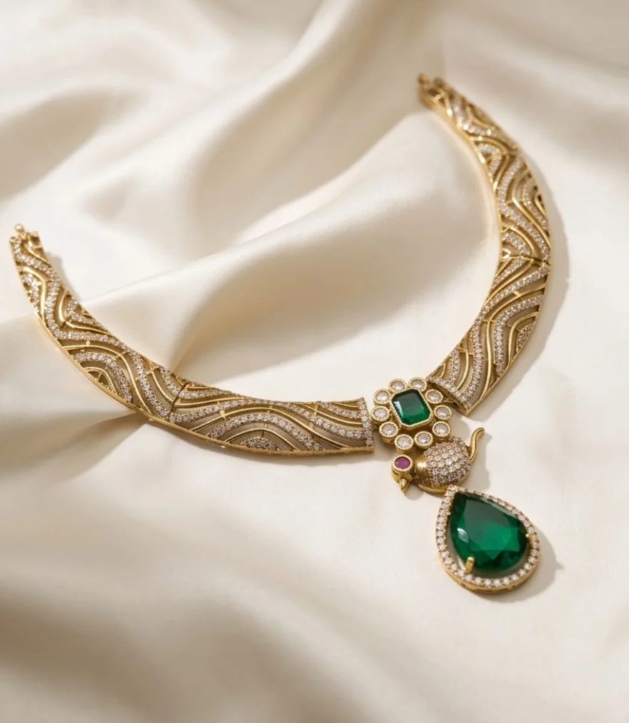 Gold-Plated Hasli Necklace Set Features Beautiful Wave-Like Detailing, A Delicate Bird Motif view 3