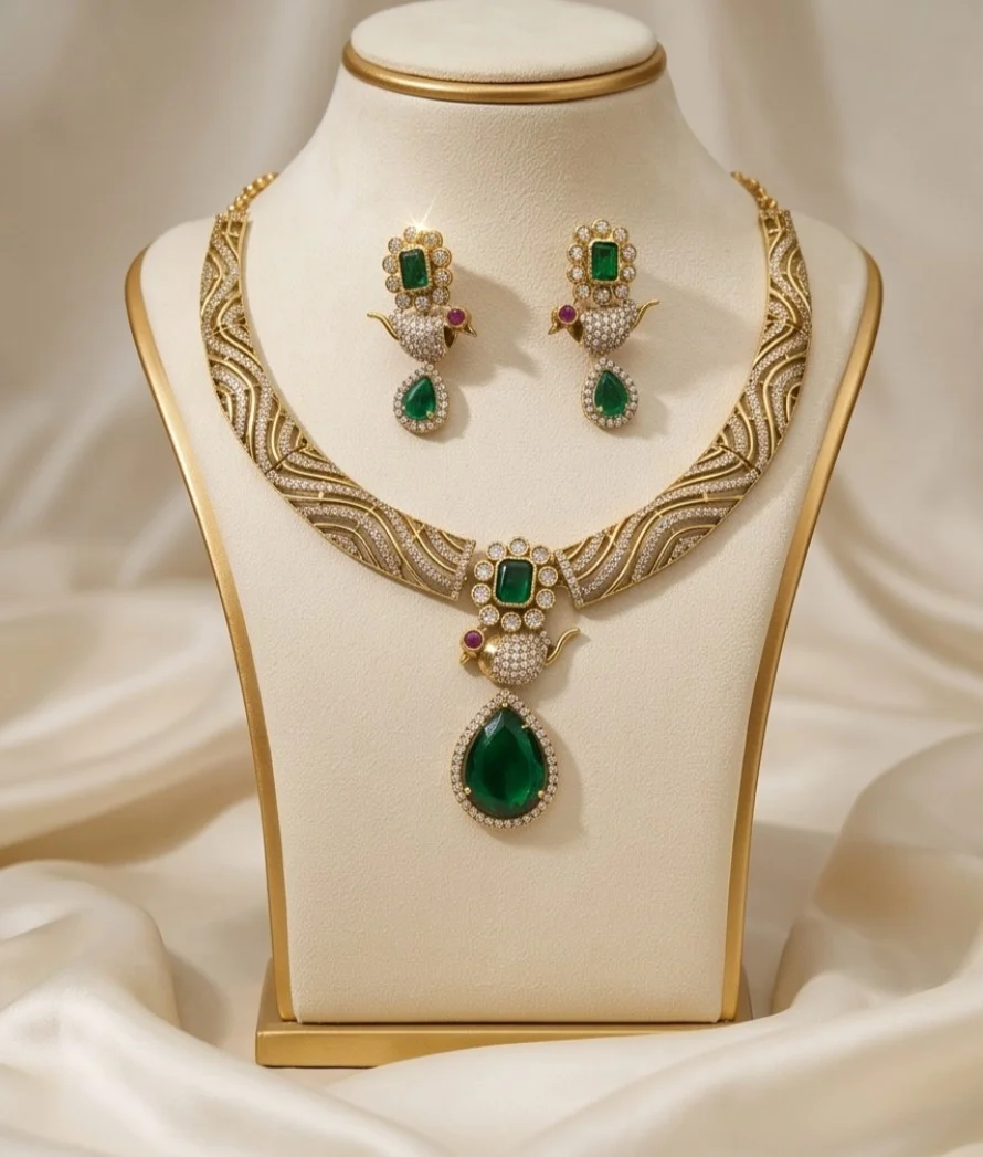 Gold-Plated Hasli Necklace Set Features Beautiful Wave-Like Detailing, A Delicate Bird Motif