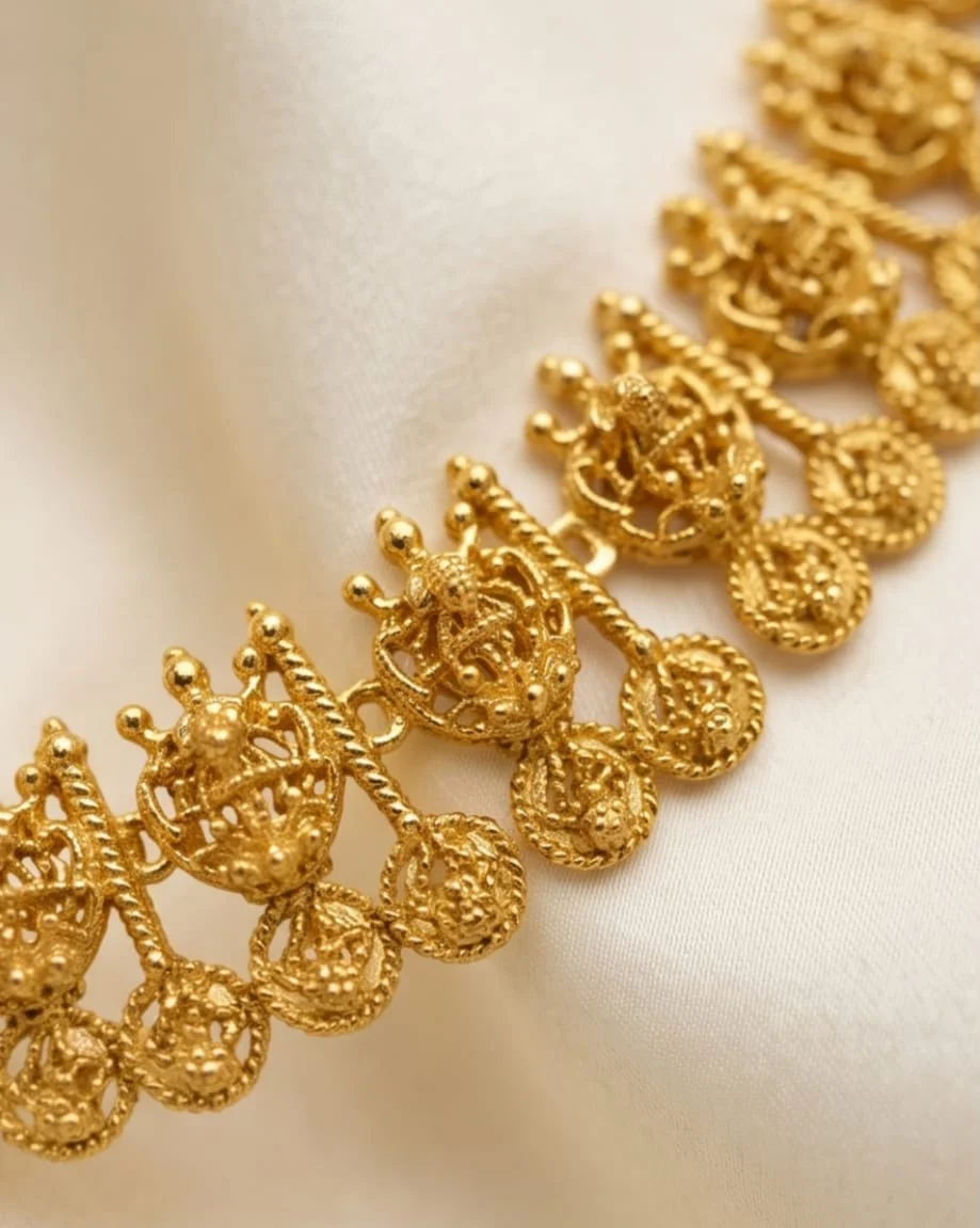 Gold-Plated Temple Design Necklace Set Featuring Beautiful Repeating Deity Motifs, view 3
