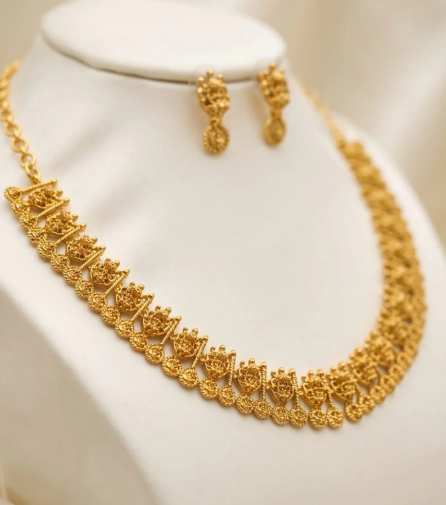 Gold-Plated Temple Design Necklace Set Featuring Beautiful Repeating Deity Motifs, alternate view