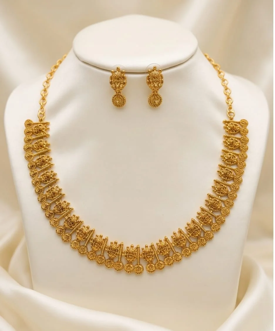 Gold-Plated Temple Design Necklace Set Featuring Beautiful Repeating Deity Motifs,