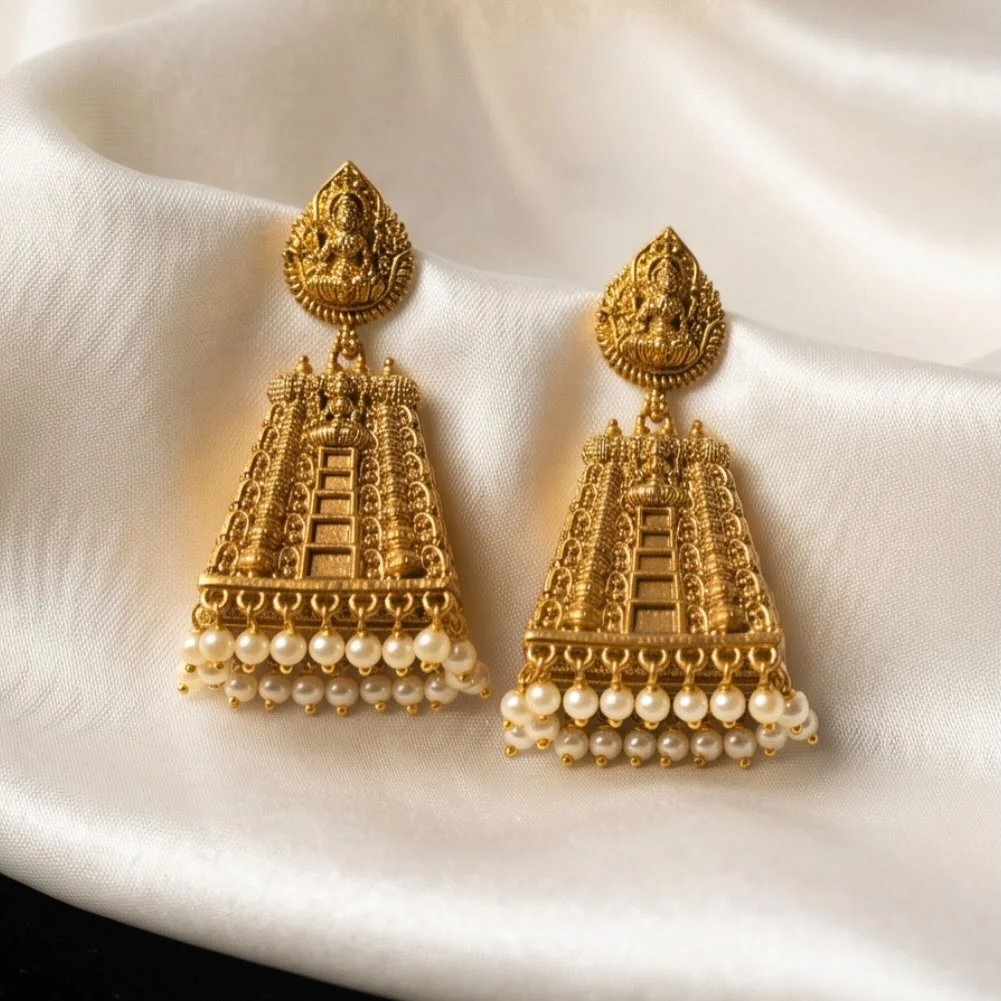 Gopuram Temple Design Pearl Drop Earrings