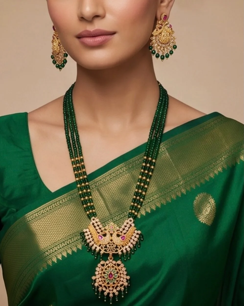 Antique Multi Strand Green Hydro Beads Long Necklace Set !