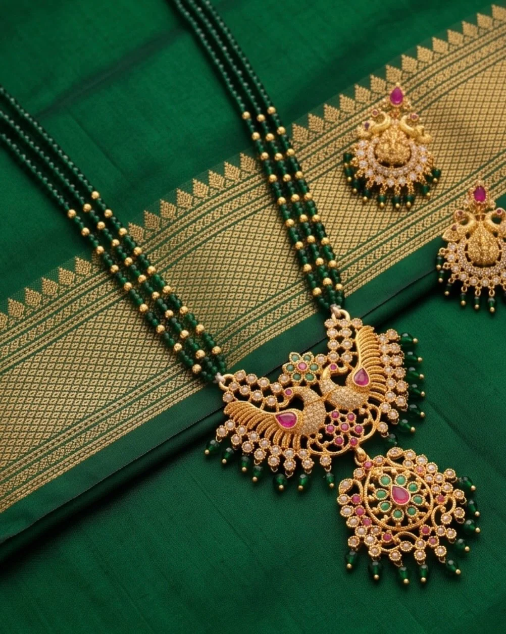 Antique Multi Strand Green Hydro Beads Long Necklace Set view 3