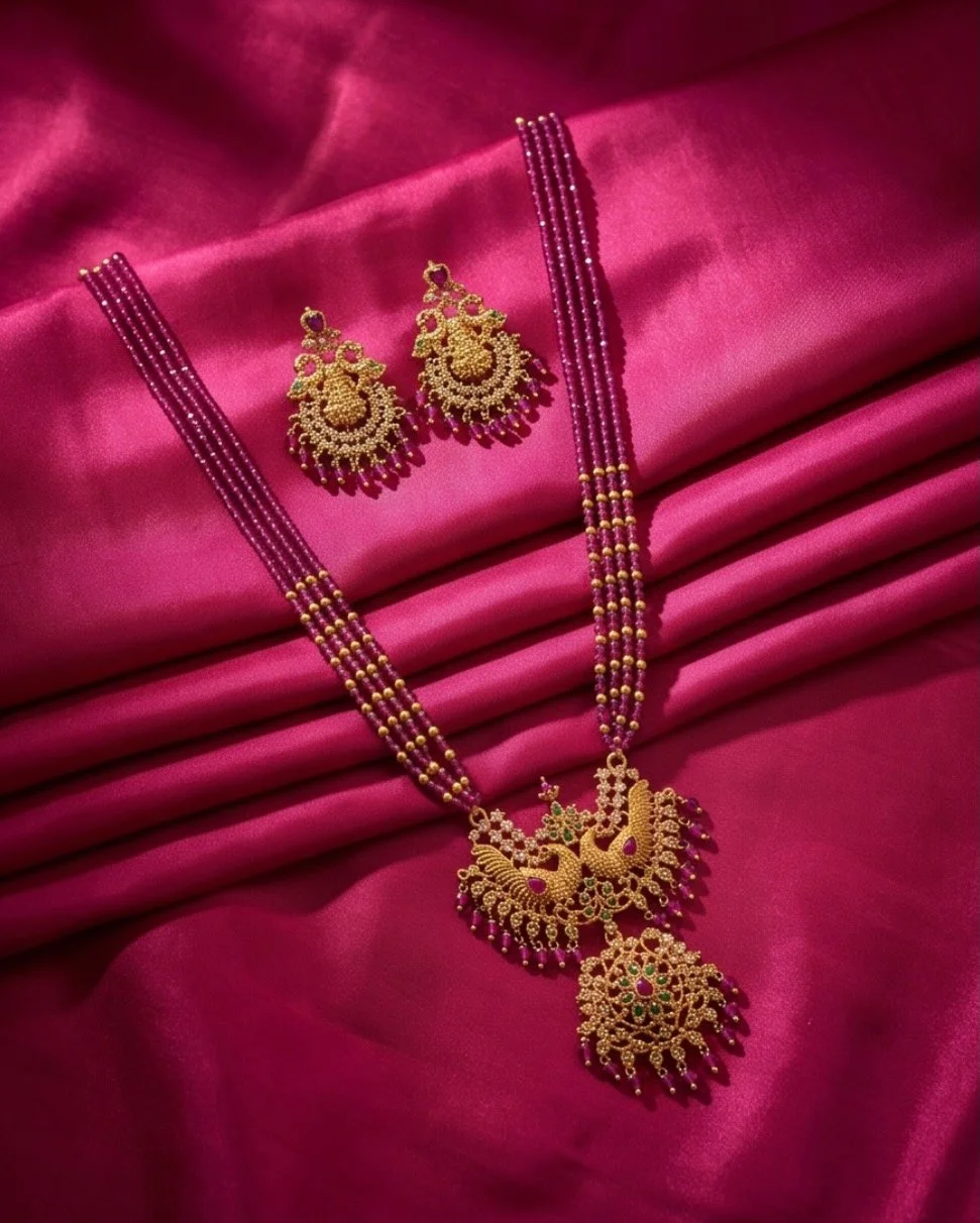 Antique Multi Strand Pink Hydro Beads Long Necklace Set