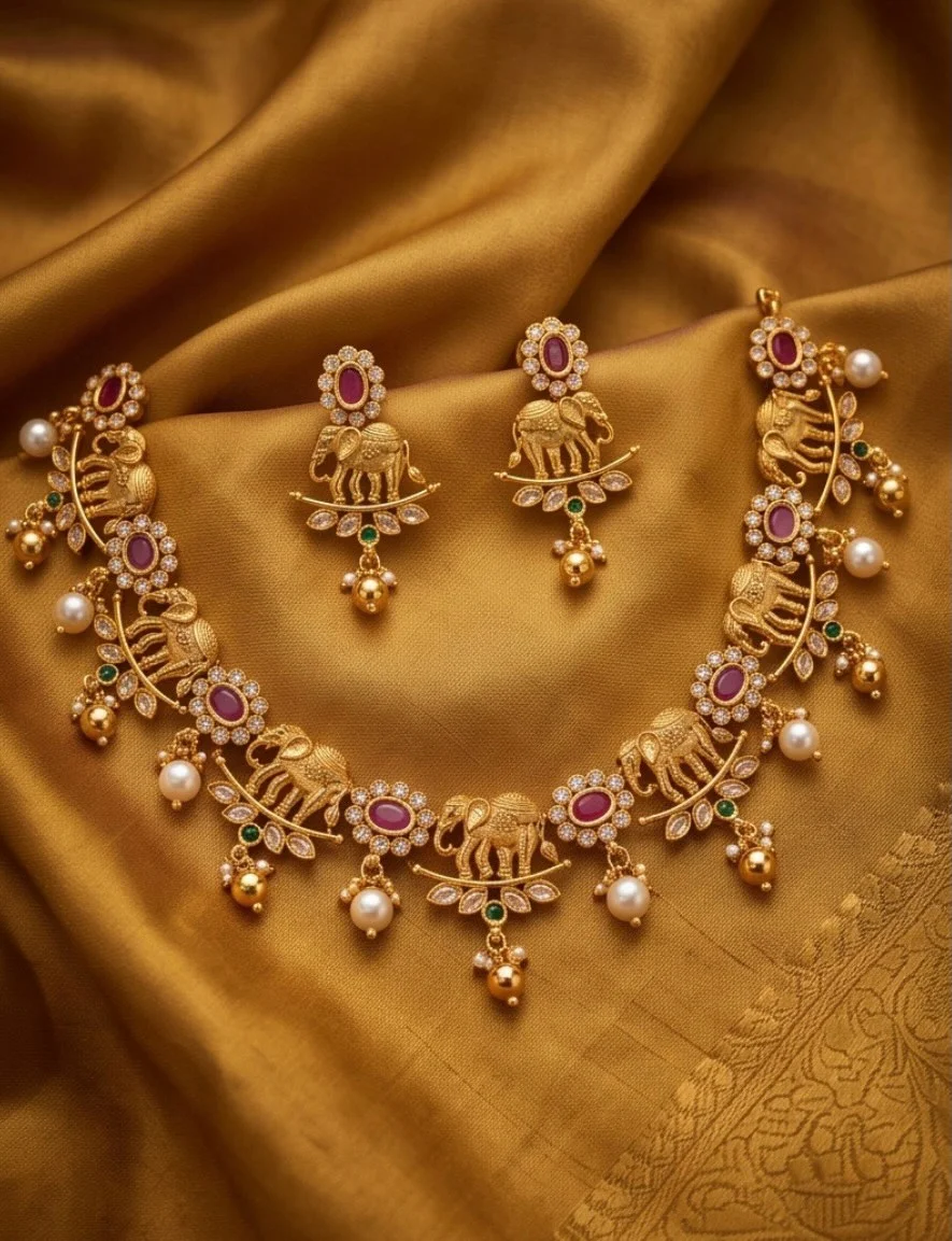 Gold Plated Elephant Necklace With AD Stones
