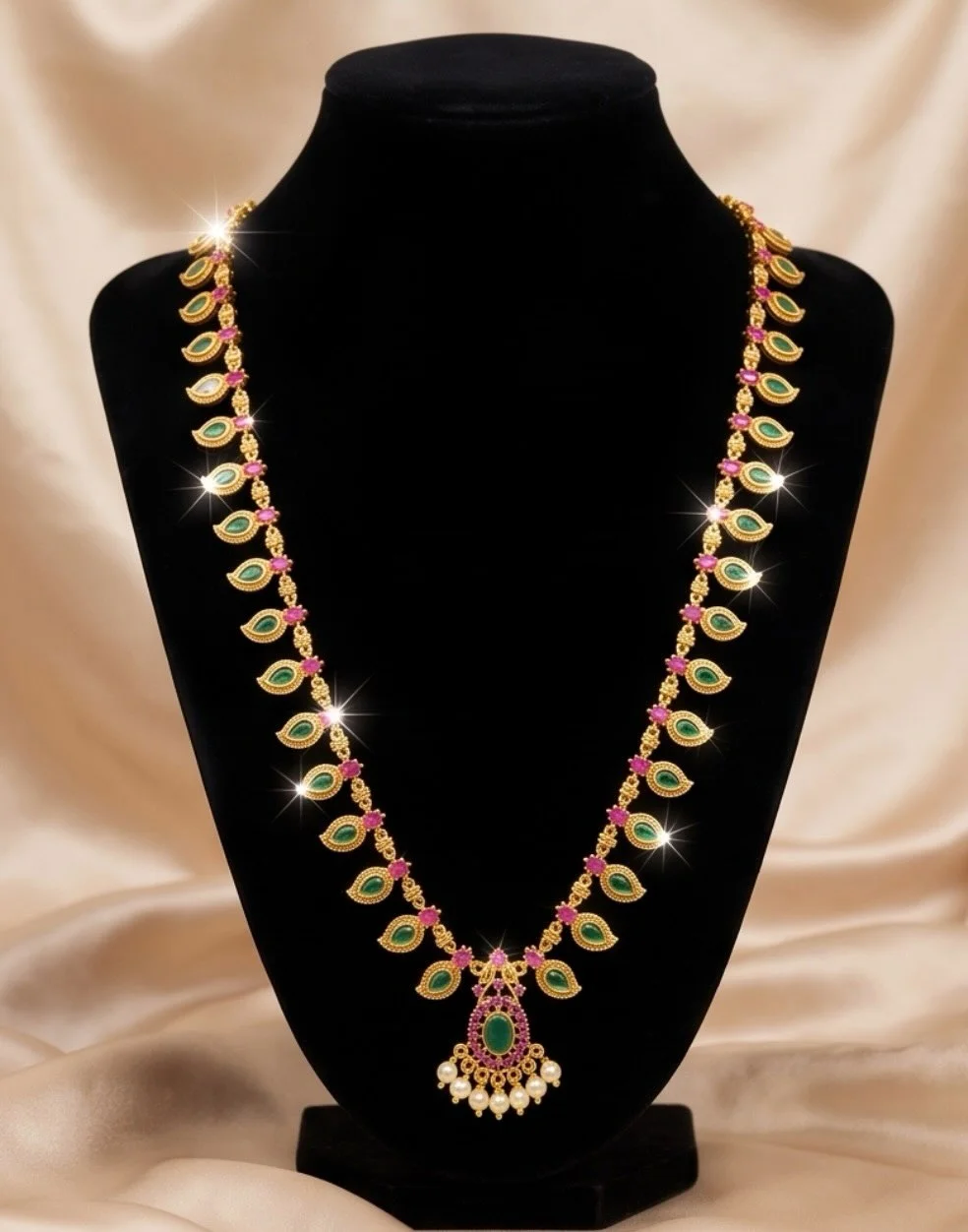 GOld Plated Adorned And Green Ruby Red Stone Long Skinny Palaka Mala