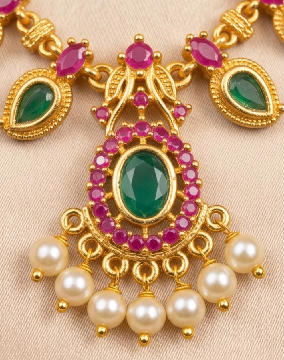 GOld Plated Adorned And Green Ruby Red Stone Long Skinny Palaka Mala view 3