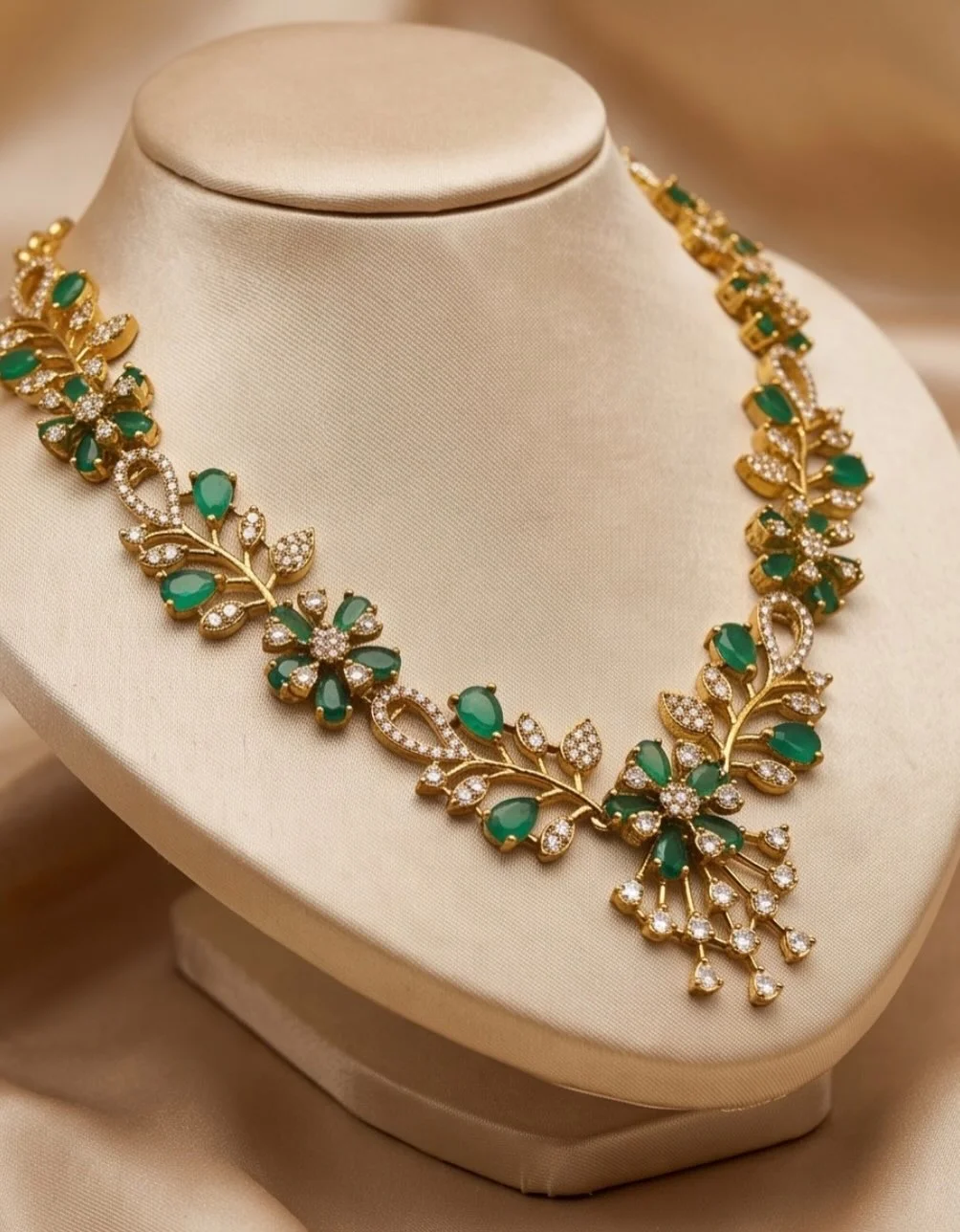 Gold Plated Finish Emerald Green And Cubic Zirconia Stone Necklace Set view 3