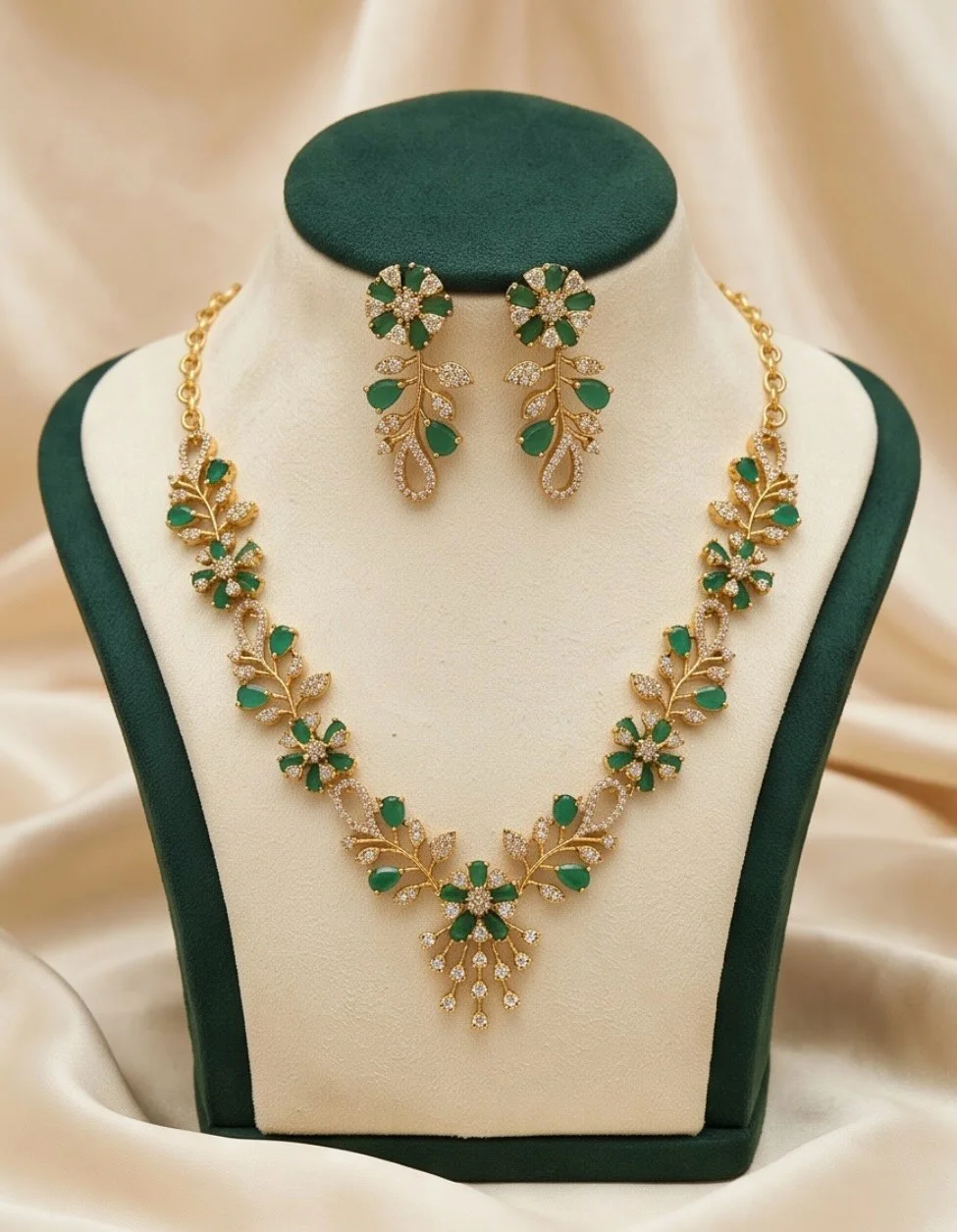 Gold Plated Finish Emerald Green And Cubic Zirconia Stone Necklace Set view 4
