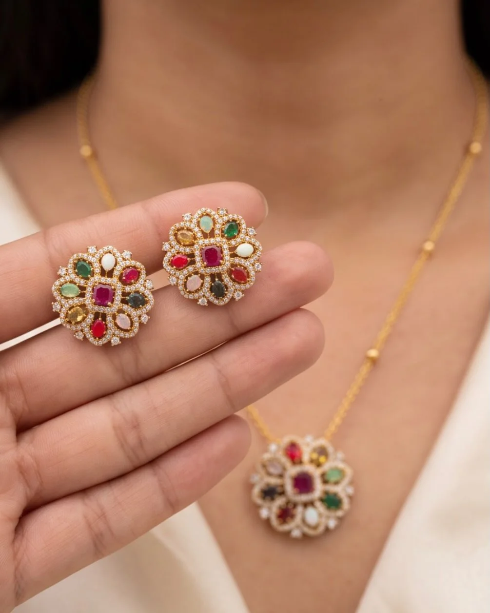 Navaratna Gold Plated AD Stone Pendant Set view 4
