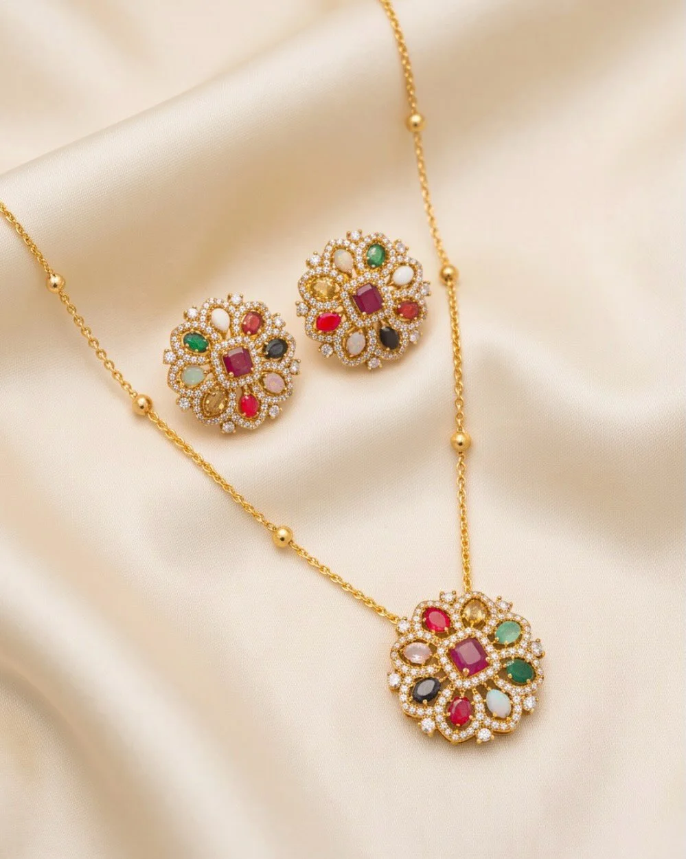 Navaratna Gold Plated AD Stone Pendant Set