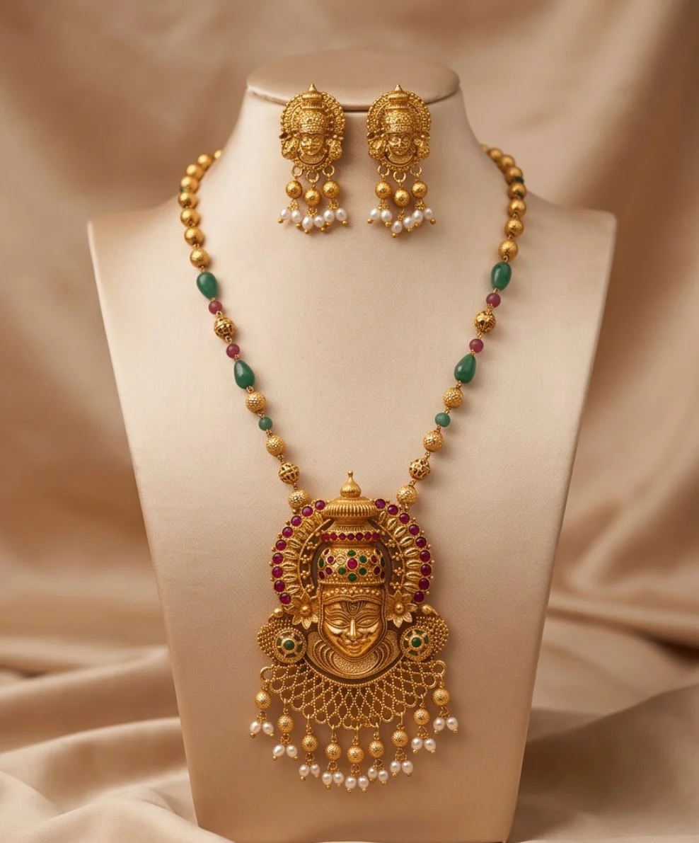 Antique Gold Plated Multicoloured Beads With Kathakali Long Pendant Set