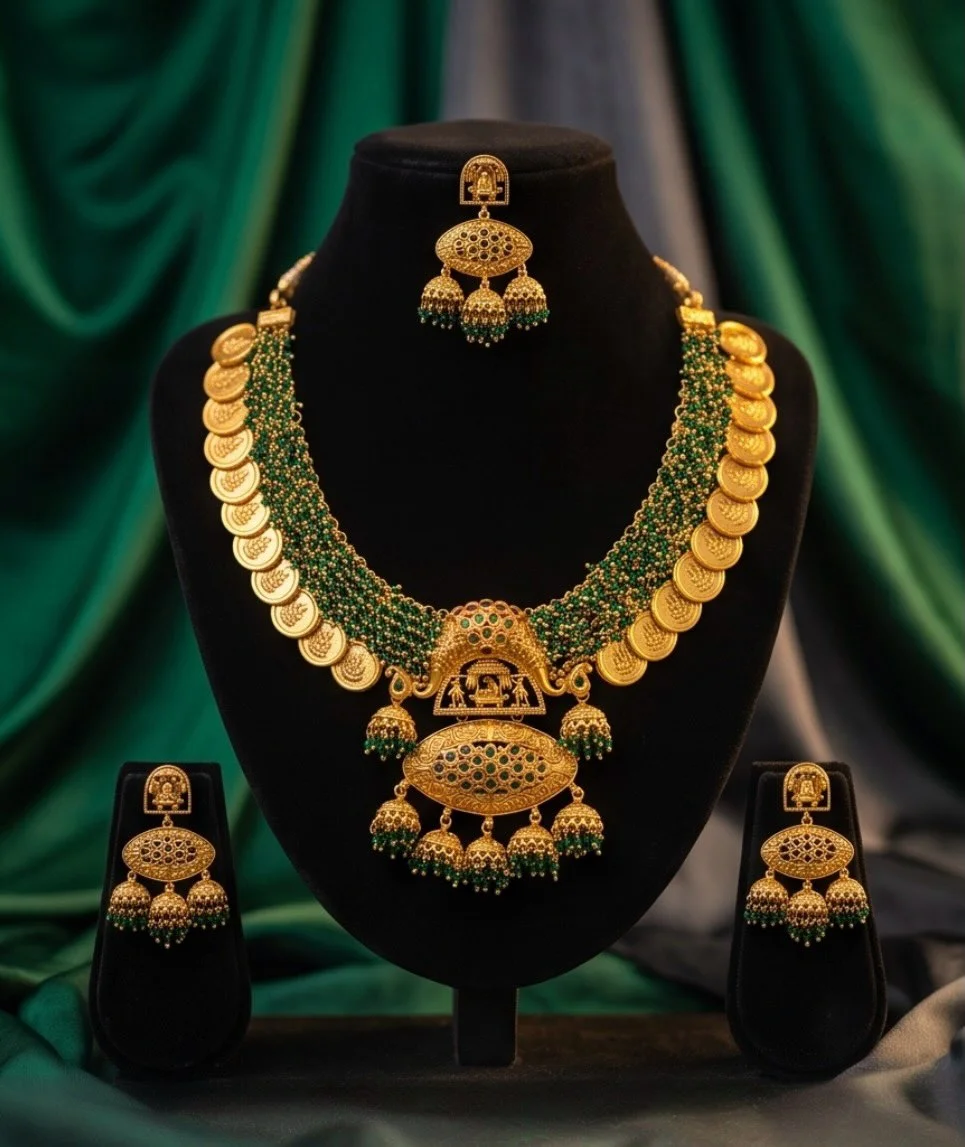 Green Beads With Gold Coin Embossed Necklace Set