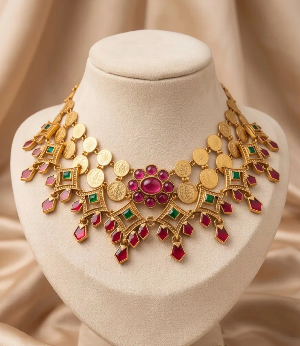 Kemp Stone Red Palakka Choker And Kasu Mala Choker Set With Earrings (2 Pieces) view 5
