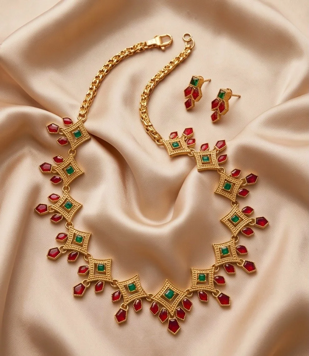 Kemp Stone Red Palakka Choker And Kasu Mala Choker Set With Earrings (2 Pieces) view 3