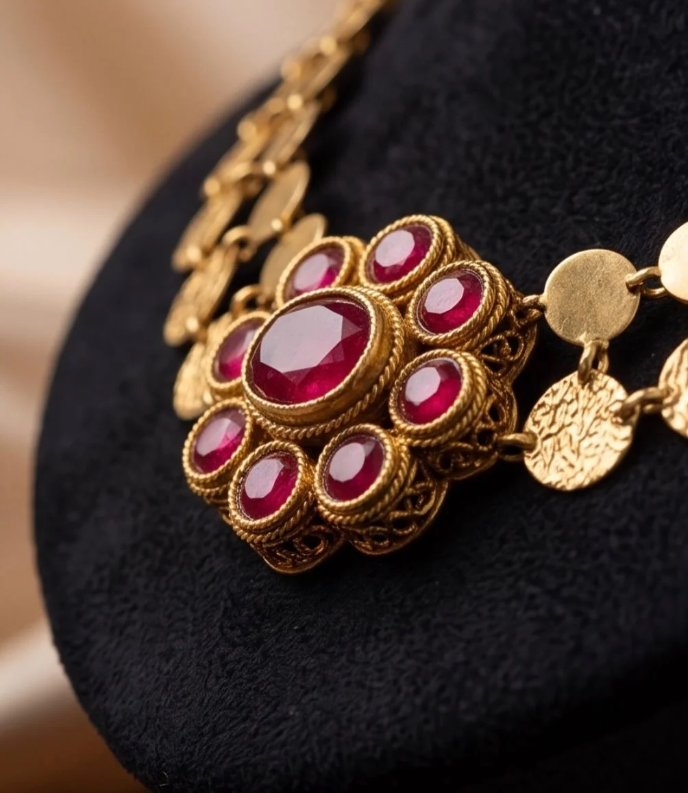 Kemp Stone Red Palakka Choker And Kasu Mala Choker Set With Earrings (2 Pieces) view 4