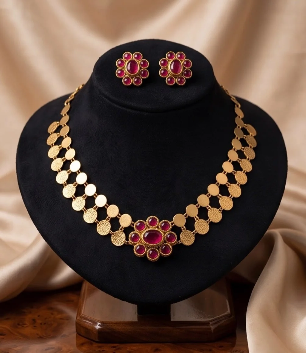 Kemp Stone Red Palakka Choker And Kasu Mala Choker Set With Earrings (2 Pieces) view 6