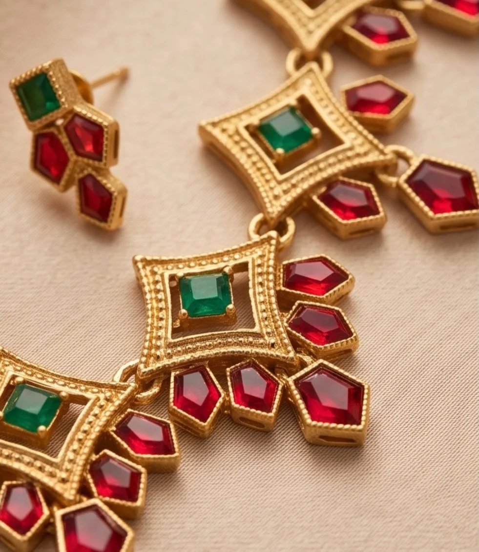 Kemp Stone Red Palakka Choker And Kasu Mala Choker Set With Earrings (2 Pieces)