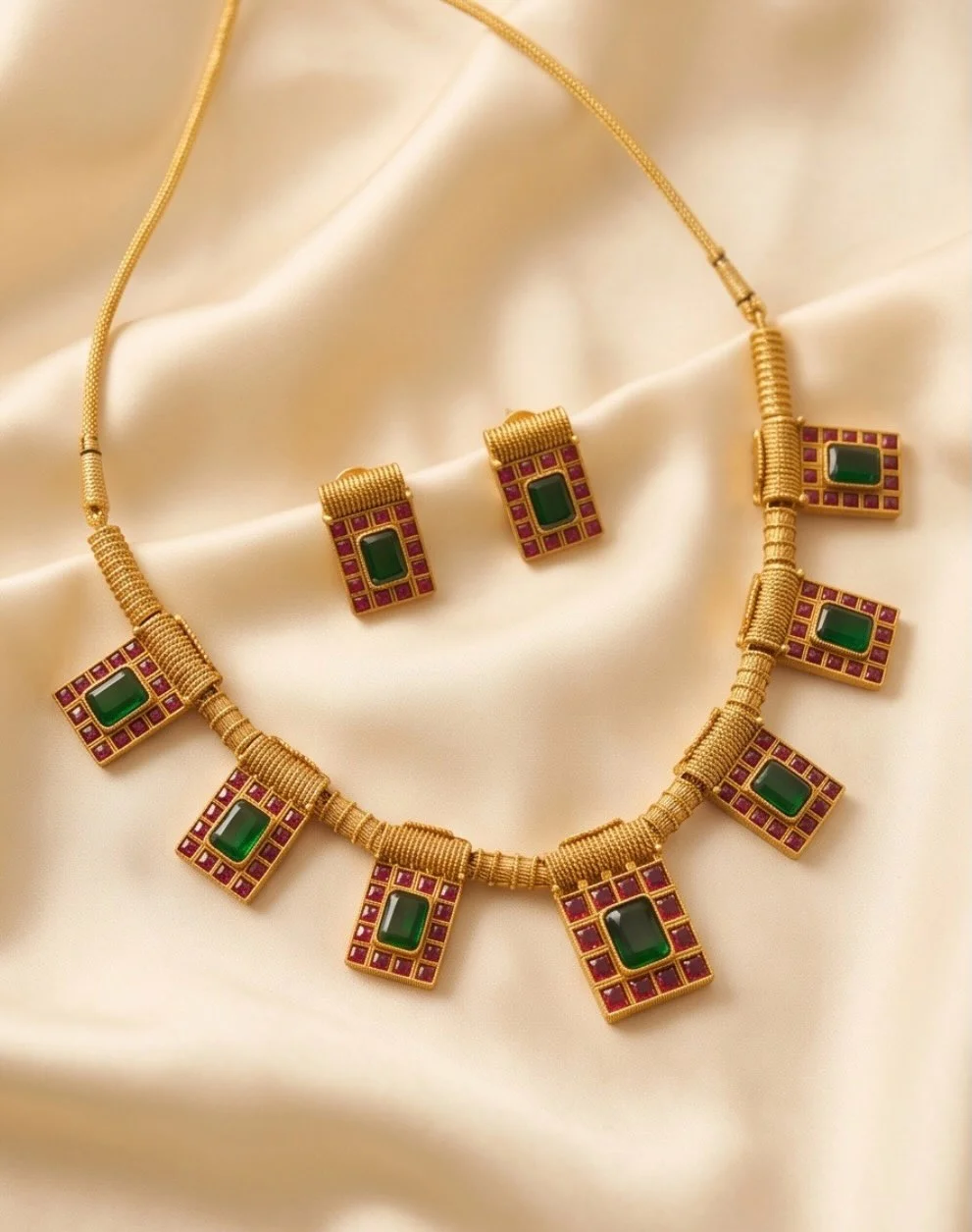 Matte Finish Green Kempstone With Emerald Green Stones Necklace Set