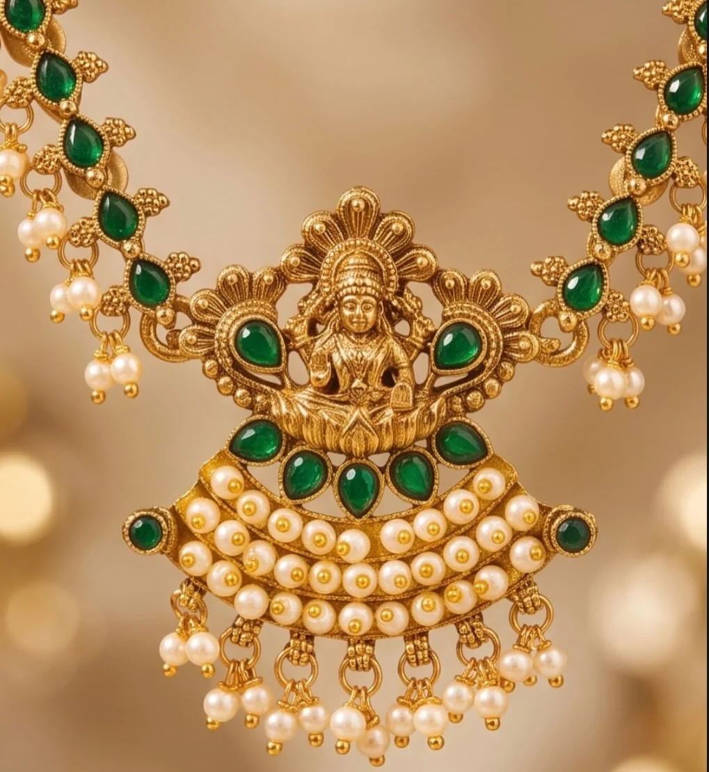 Green Kempstone With Pearl Drops Necklace Set view 3