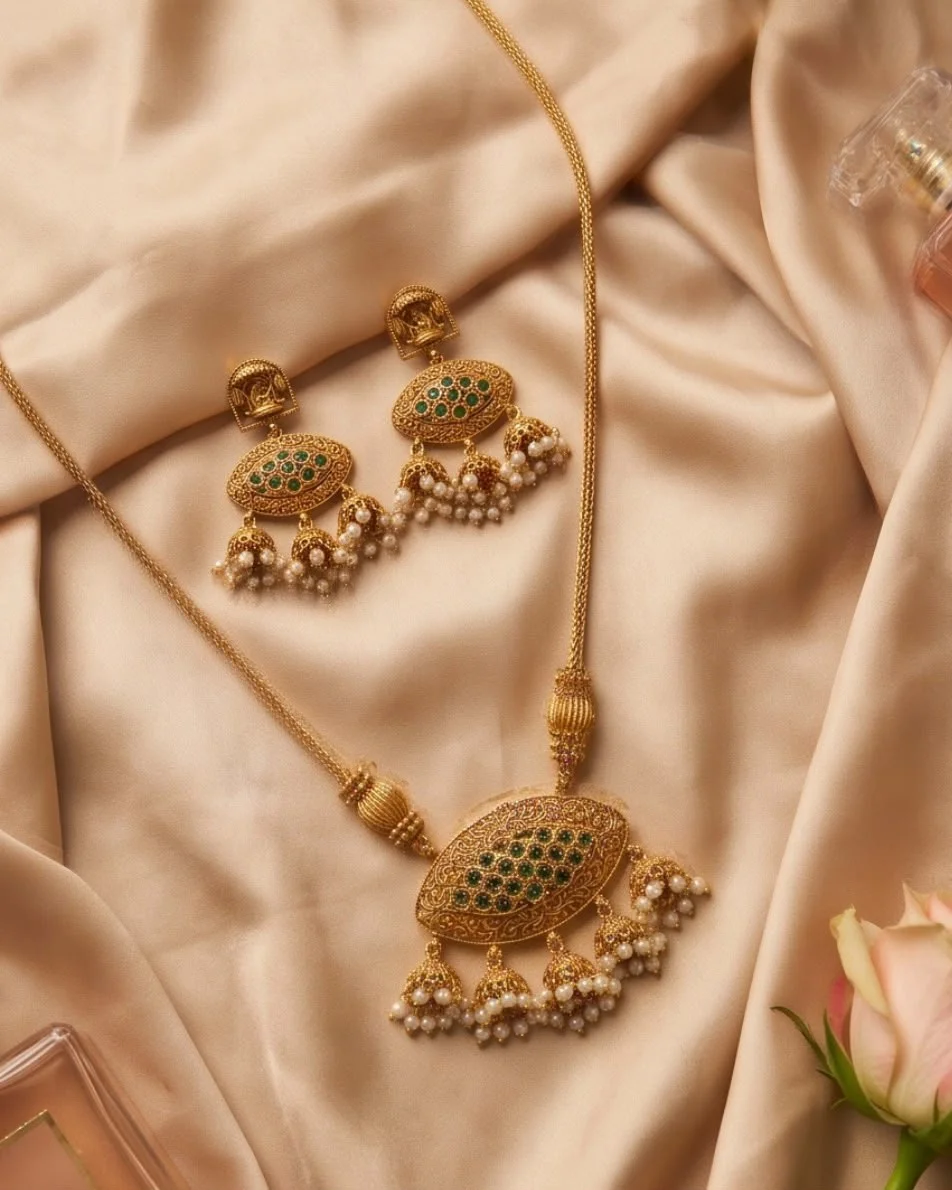 Emerald Green Long Pendant Necklace Set